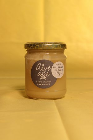 Confezione da 250 grammi del miele millefiori dell'azienda Alveape