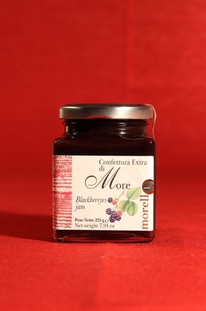 Confezione da 225 grammi della confettura extra di more di Morello Austera