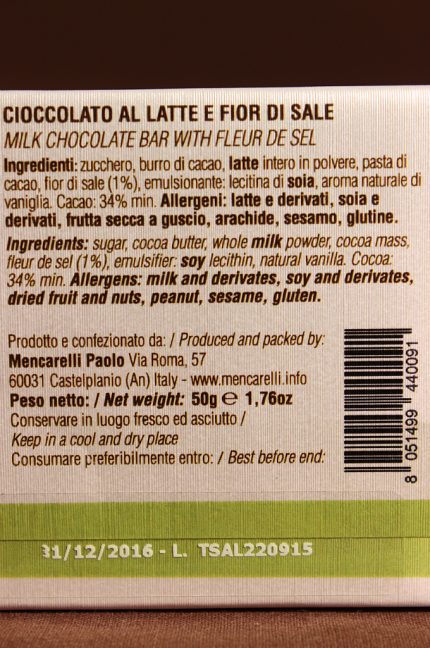 Etichetta posteriore della Tavoletta 50g cioccolato al latte e fior di sale di Paolo Mencarelli