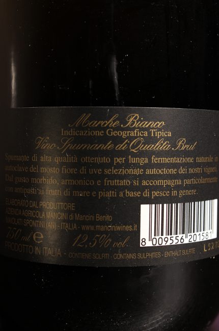 Etichetta posteriore del vino spumante brut Mancini dell'azienda agricola Mancini Benito di Maiolati Spontini (Ancona)
