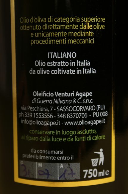 Etichetta posteriore dell'olio evo qualità Peranzana dell'Oleificio Venturi Agape